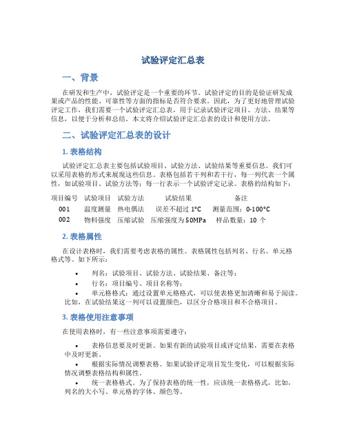 试验评定汇总表