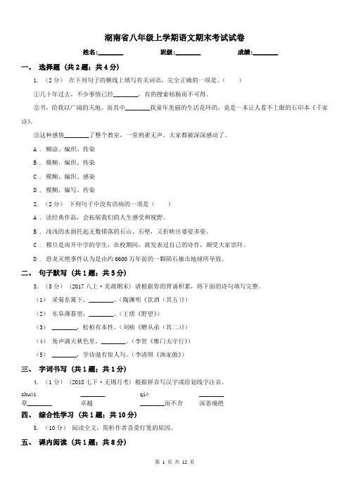 湖南省八年级上学期语文期末考试试卷