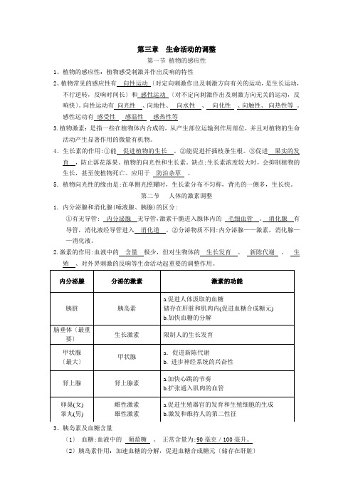 八年级上册第三章生命活动的调节知识点