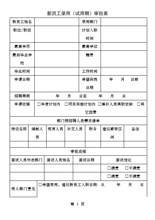 新员工录用审批表