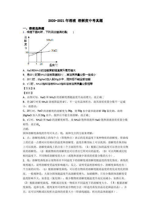 2020-2021年溶液 溶解度中考真题