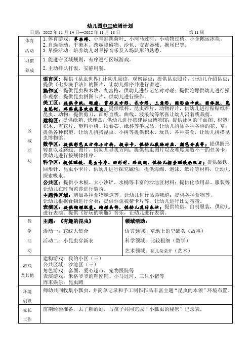 幼儿园中班周计划第11周