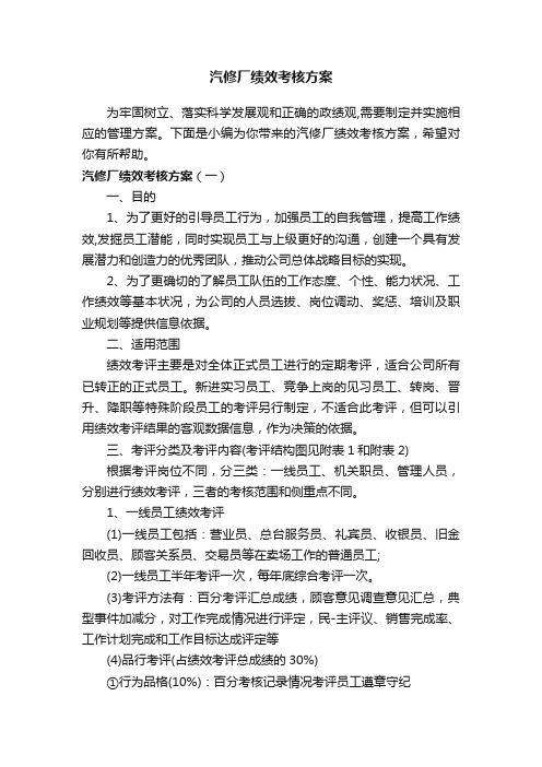 汽修厂绩效考核方案