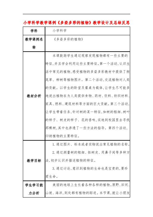 小学科学教学课例《多姿多彩的植物》课程思政核心素养教学设计及总结反思