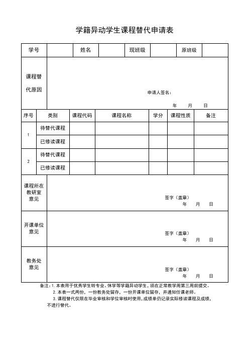 学籍异动学生课程替代申请表word模板(标准通用版)