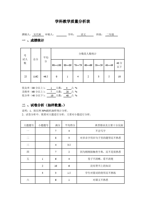 二年级期中语文教学质量分析表