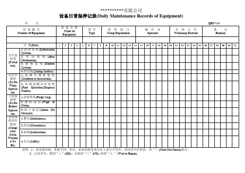 设备日常保养记录表格模板