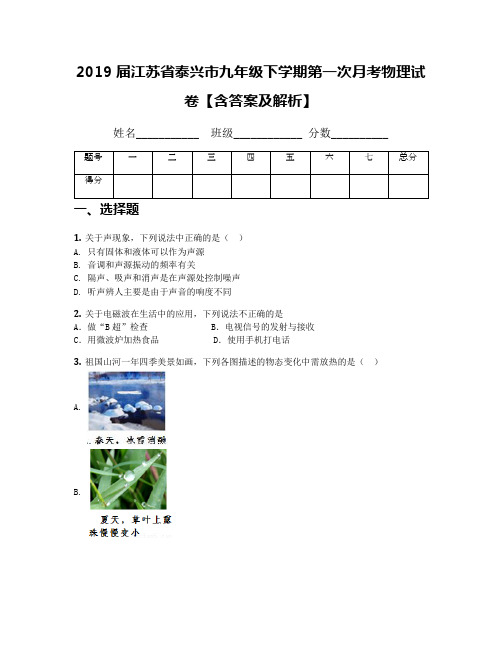 2019届江苏省泰兴市九年级下学期第一次月考物理试卷【含答案及解析】