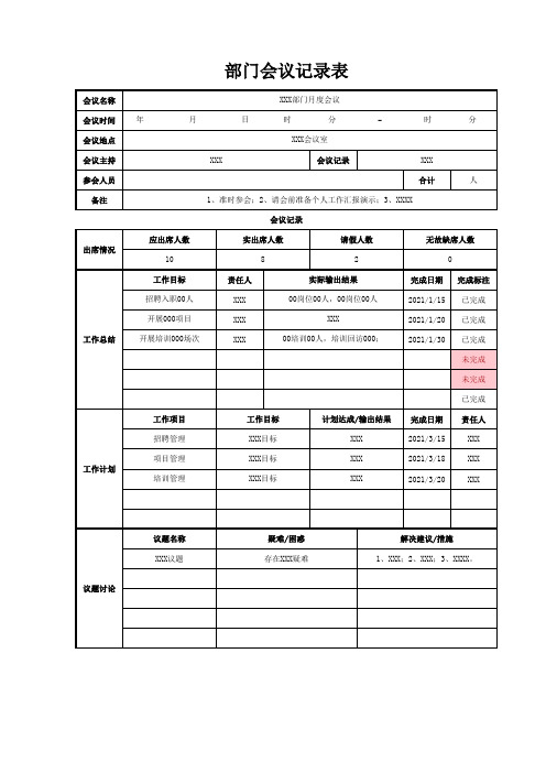 部门会议记录表Excel模板