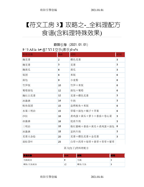 【符文工房3】攻略之-_全料理配方食谱(含料理特殊效果)之欧阳引擎创编