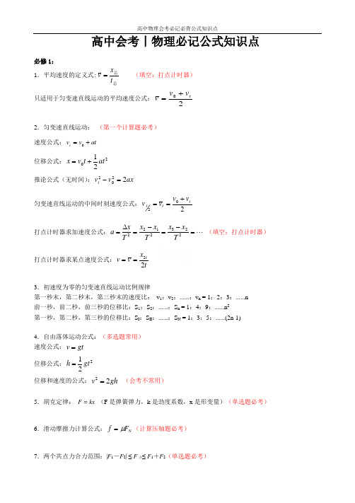 高中物理会考必记必背公式知识点