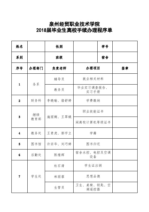 2018届毕业生离校手续办理程序单