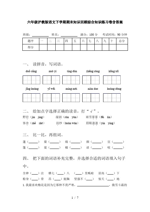 六年级沪教版语文下学期期末知识回顾综合知识练习卷含答案