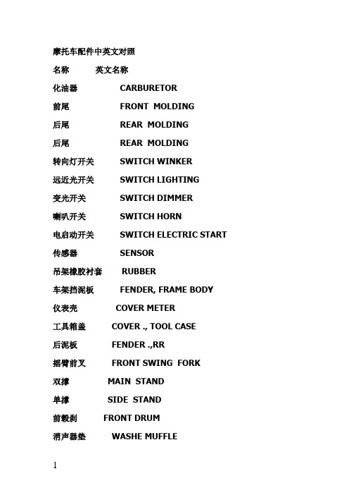 摩托车配件中英文对照