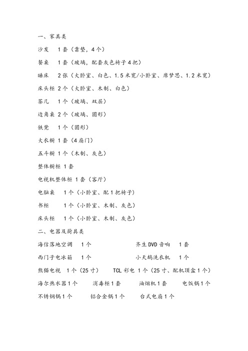 出租房屋内物品清单