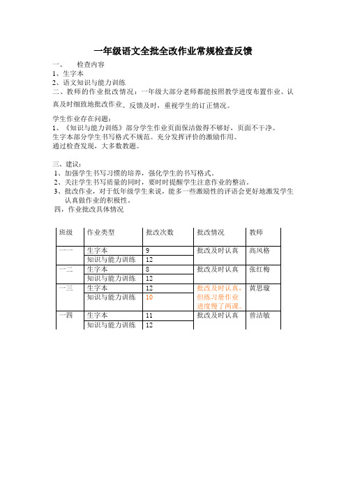 一年级语文全批全改作业常规检查反馈