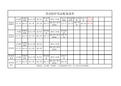 劳动防护用品配备清单(台账)