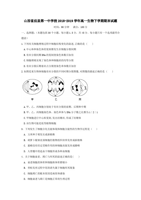 山西省应县第一中学校2018_2019学年高一生物下学期期末试题