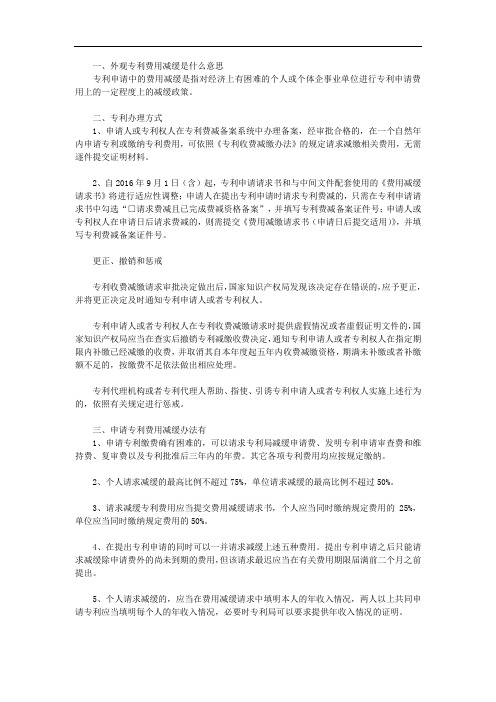 外观专利费用减缓是什么意思