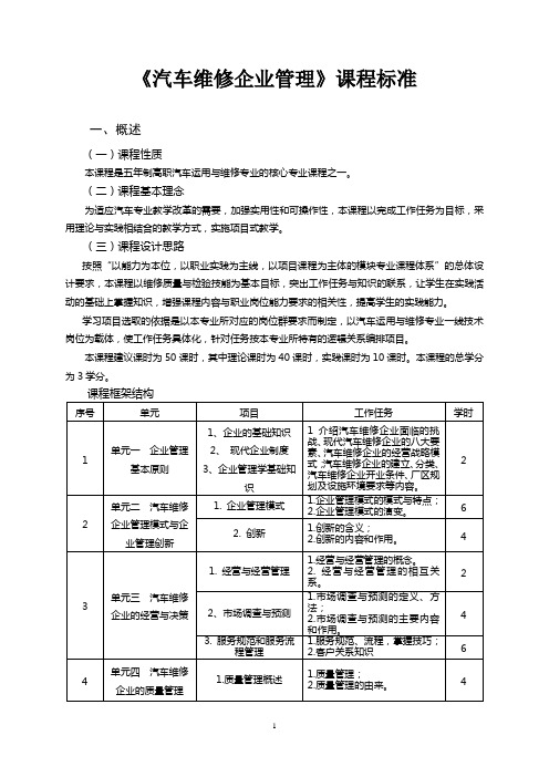 《汽车维修企业管理》课程标准