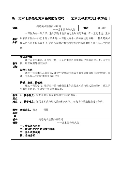 高一美术【漂亮是美术鉴赏的标准吗——艺术美和形式美】教学设计