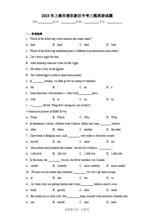 2023年上海市浦东新区中考三模英语试题