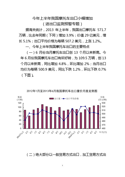 今年上半年我国摩托车出口小幅增加