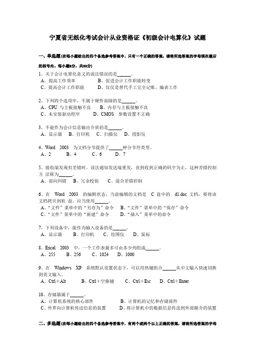 宁夏省无纸化考试会计从业资格证《初级会计电算化》试题