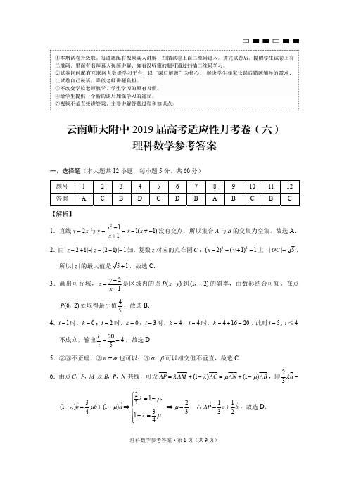 云南师大附中2019届高考适应性月考卷(六)理数-答案