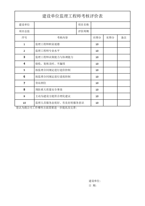 建设单位监理工程师考核评价表