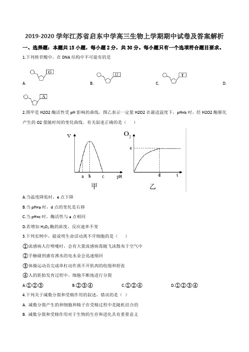 2019-2020学年江苏省启东中学高三生物上学期期中试卷及答案解析