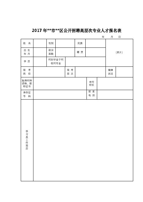 2017年XX市XX区公开招聘高层次专业人才报名表【模板】