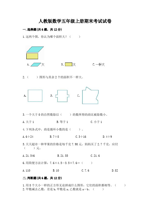 人教版数学五年级上册期末考试试卷【易错题】