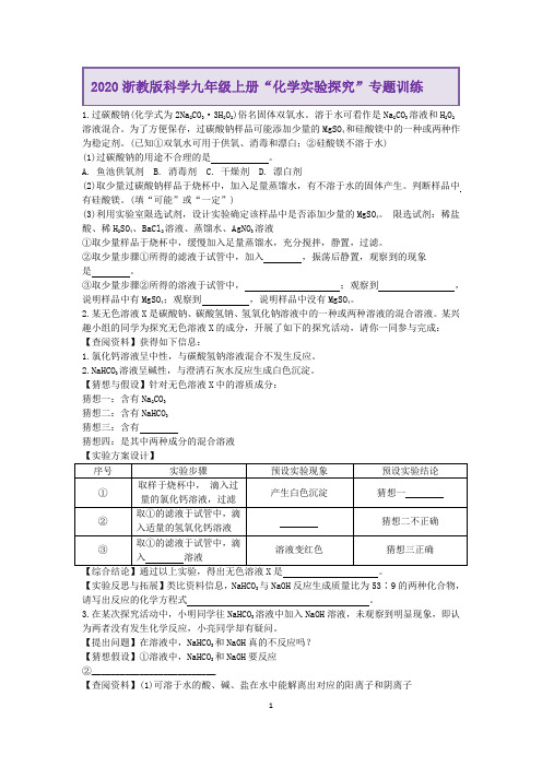 2020浙教版科学九年级上册“化学实验探究”专题训练第一讲