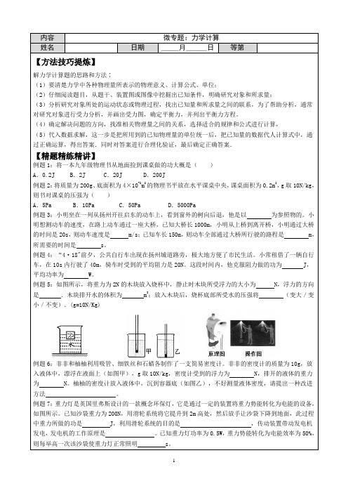 2024年中考物理微专题练习：力学计算