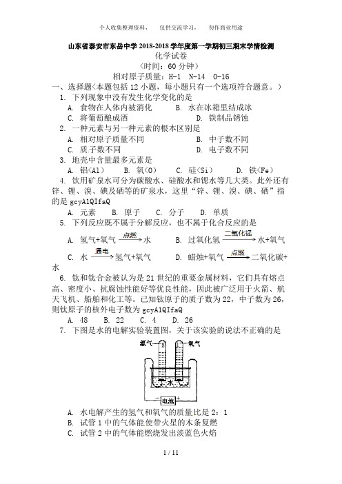 山东省泰安市东岳中学2018届九年级上学期期末学情检验化学试题 