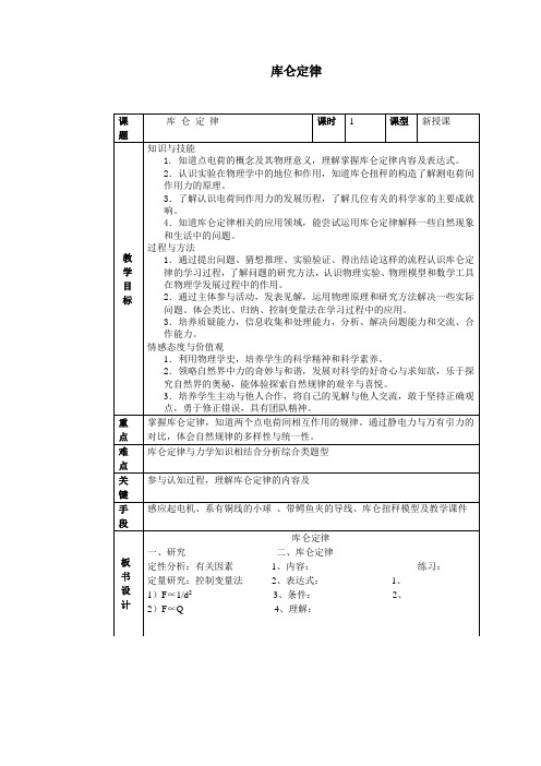 人教版高中物理选修3-1教案设计：1.2库仑定律