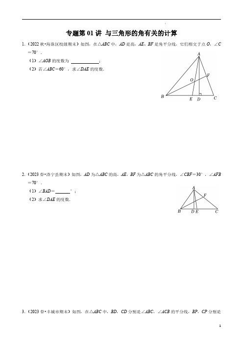 专题01 与三角形的角有关的计算(原卷版)-2023-2024学年八年级数学上册同步学与练(人教版)