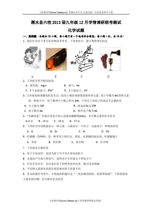 江苏南京溧水六校2013九年级12月学情调研联考测试试题-化学概要