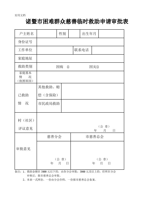 诸暨市困难群众慈善临时救助申请审批表