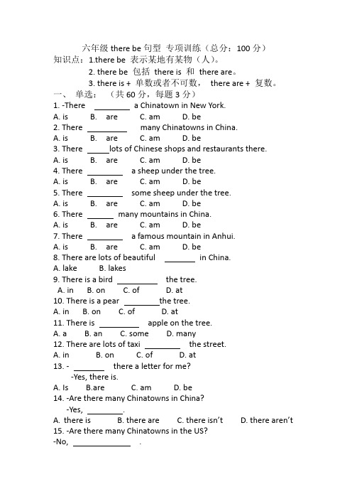 there be 专项训练(试题)英语六年级下册 -通用版  含答案