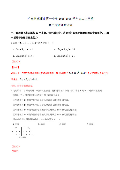 【全国百强校】广东省惠州市第一中学2015-2016学年高二上学期期中考试理数试题解析(解析版)