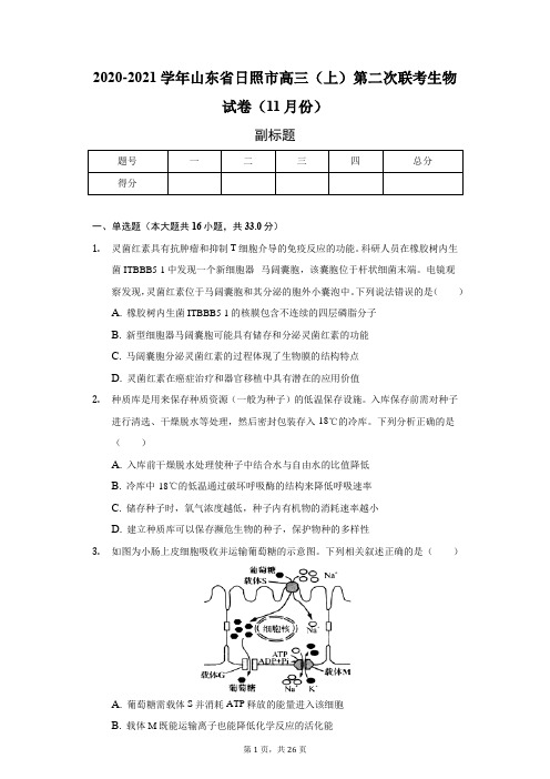 2020-2021学年山东省日照市高三(上)第二次联考生物试卷(11月份)-普通用卷