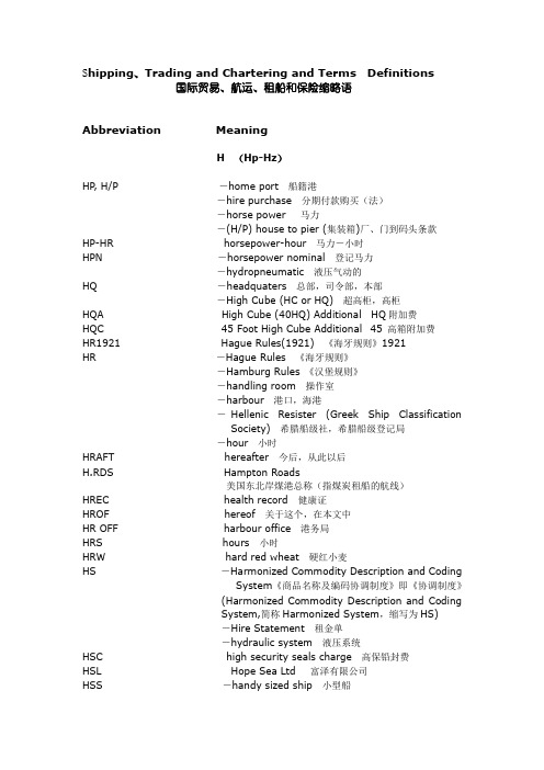 国际贸易、航运、租船和保险缩略语(Hp-Hz)