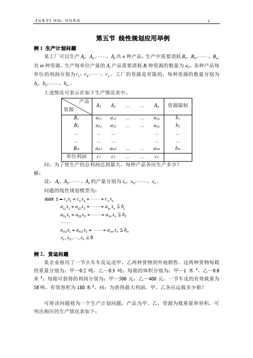 线性规划应用  例题及作业