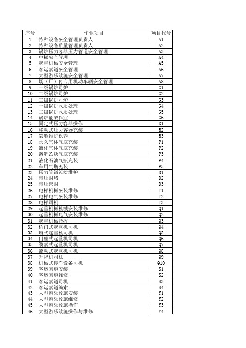 特种设备作业人员作业种类与项目代号说明