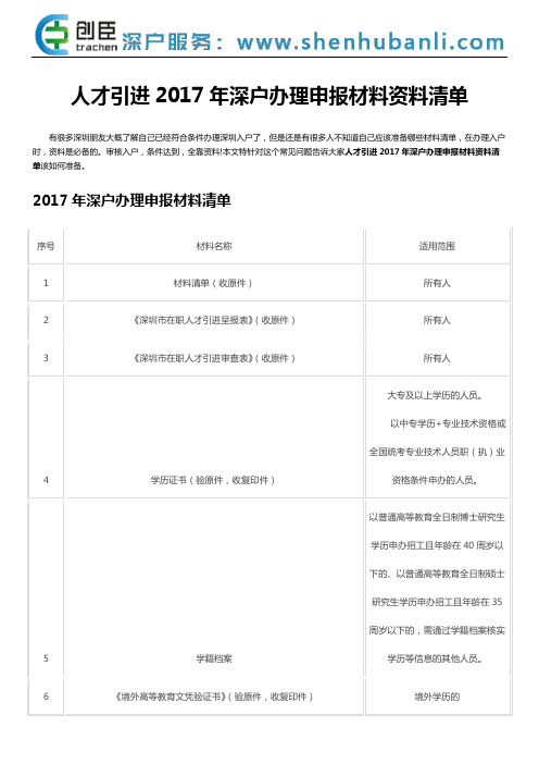 人才引进2017年深户办理申报材料资料清单