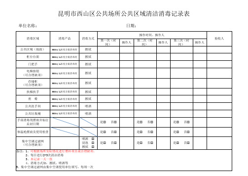 昆明市西山区公共场所公共区域清洁消毒记录表