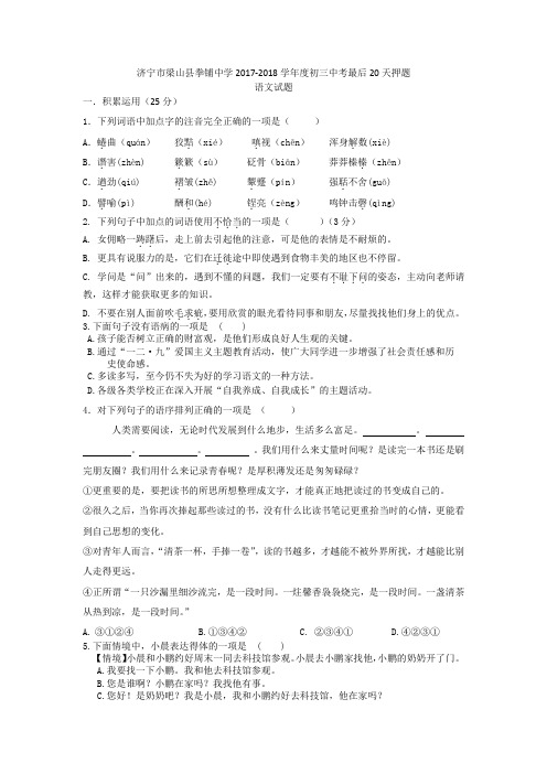 山东省济宁市梁山县拳铺中学2017-2018学年度初三中考最后20天押题语文试题(无答案)