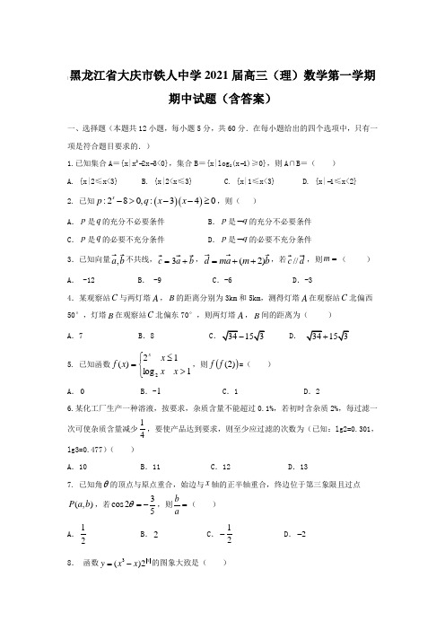 黑龙江省大庆市铁人中学2021届高三(理)数学第一学期期中试题【含答案】